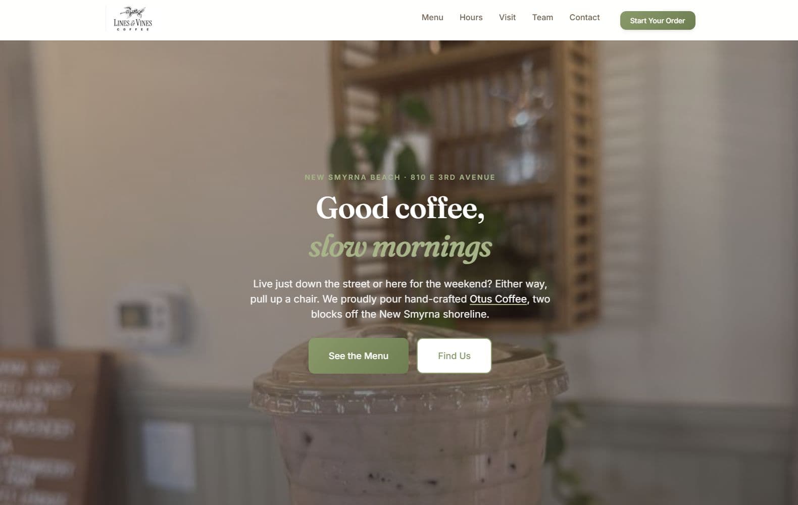 The live Lines and Vines Coffee homepage, a site we built for a New Smyrna Beach coffee shop