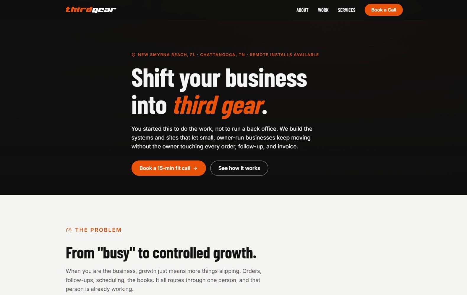 The live Third Gear Ventures homepage, custom software and applications for owner-run businesses